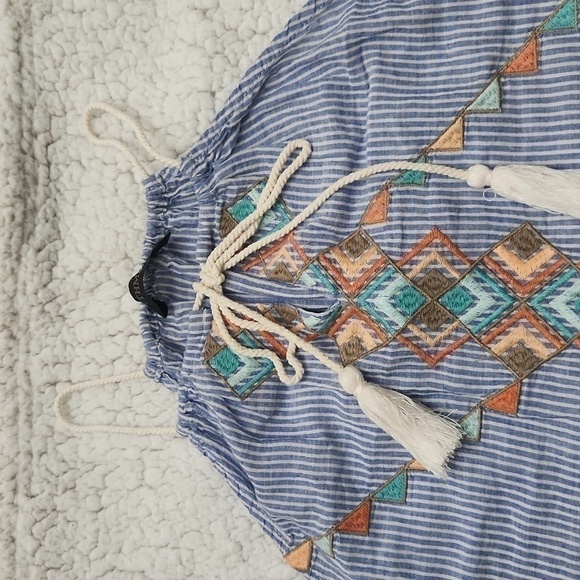 Striped Embroidered Tank Top with Tassel Tie Bohemian 100%Cotton Large - Picture 5 of 11